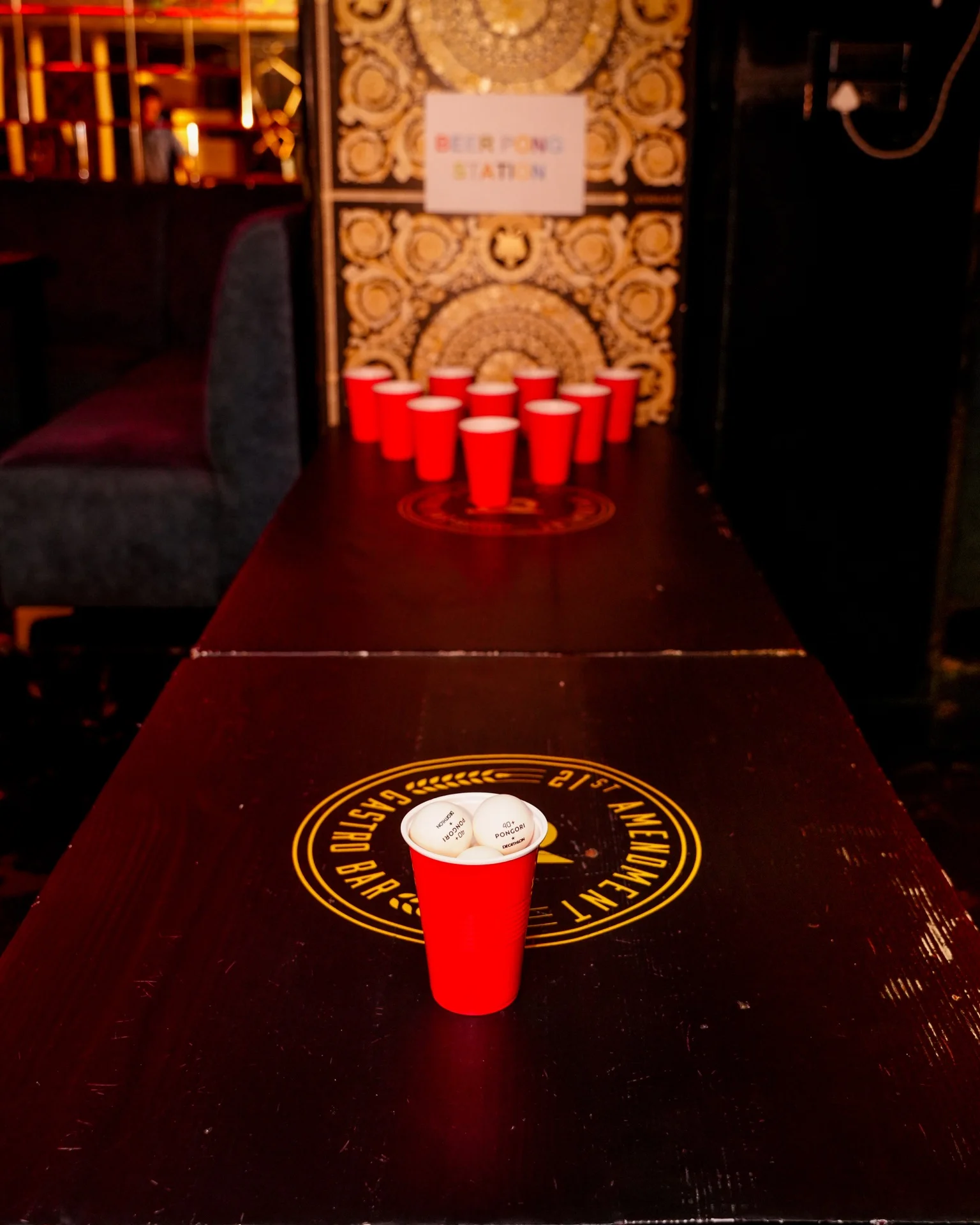 Beer pong station at House Party at 21st Amendment